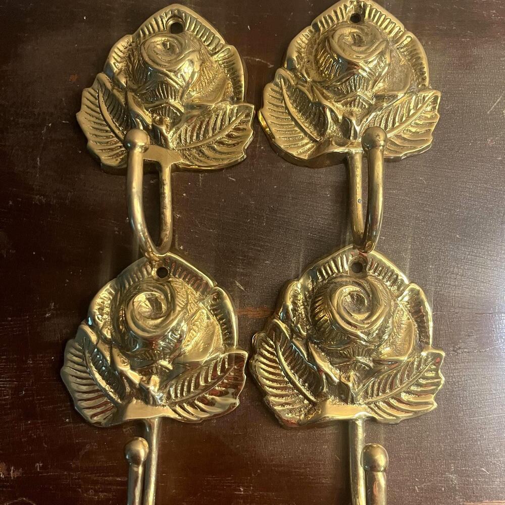 Vintage Brass Rose Wall Hooks, Lacquered Floral Hardware Set of 4